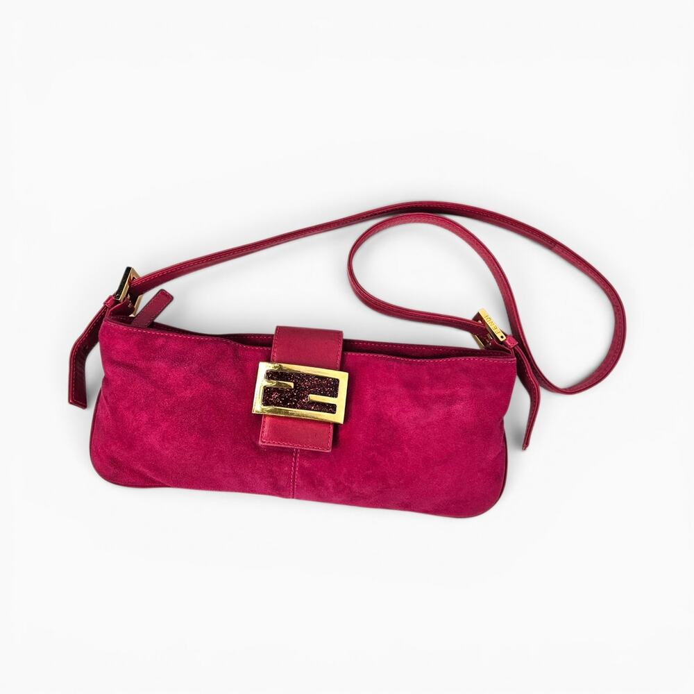 Y2k Fendi Baguette Suede Shoulder Bag Fuchsia Pink Vintage